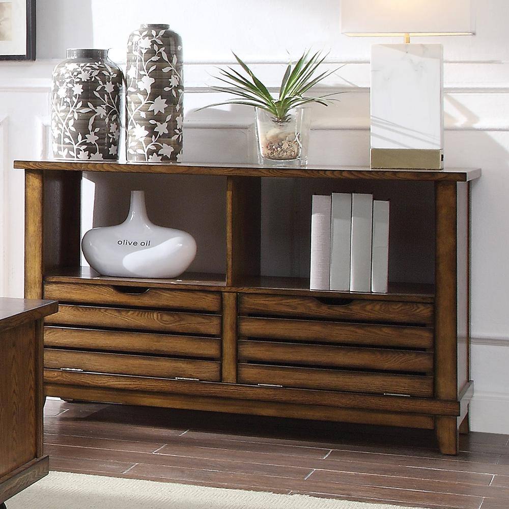 Brown Oak Slatted Front Sofa Table with Storage