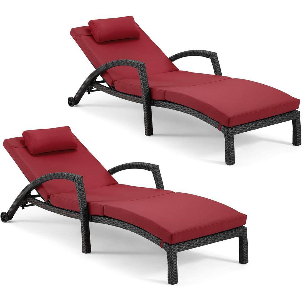 Red and Black Adjustable Wicker Outdoor Chaise Lounge Set