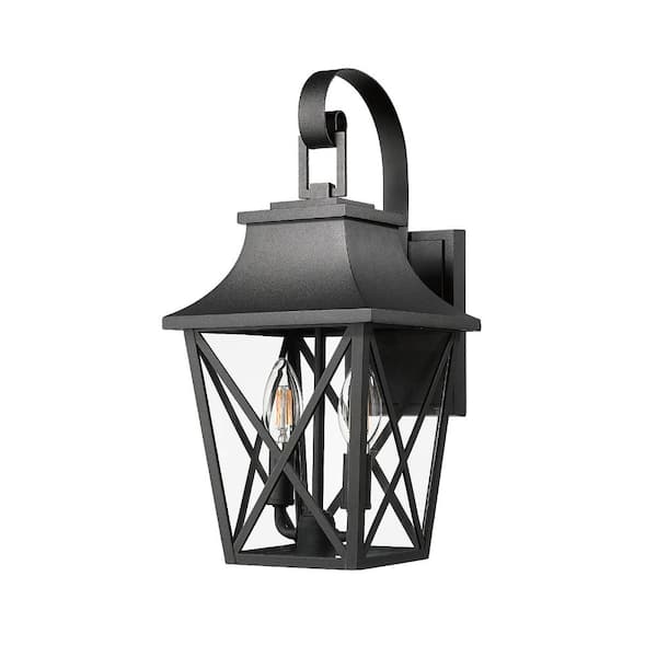 16 in. 2-Light Black Outdoor Hardwired Wall Lantern Sconce with No Bulbs Included