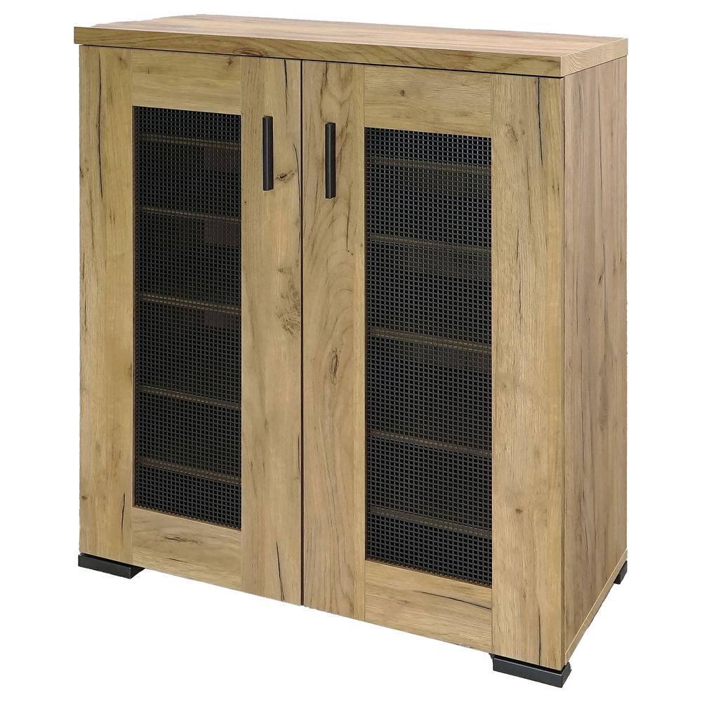 Golden Oak and Gunmetal Mesh Door Accent Cabinet