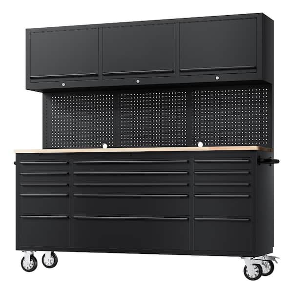 72 in. Black Steel Mobile Workbench Cabinet with Wheels, 15 Drawers, 3 Top Storage Cabinets, Rubber Wood Top, Key Lock