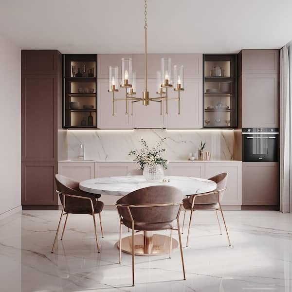 Modern Satin Gold Island Chandelier 6-Light Transitional Candlestick Linear Chandelier with Seeded Glass Shades