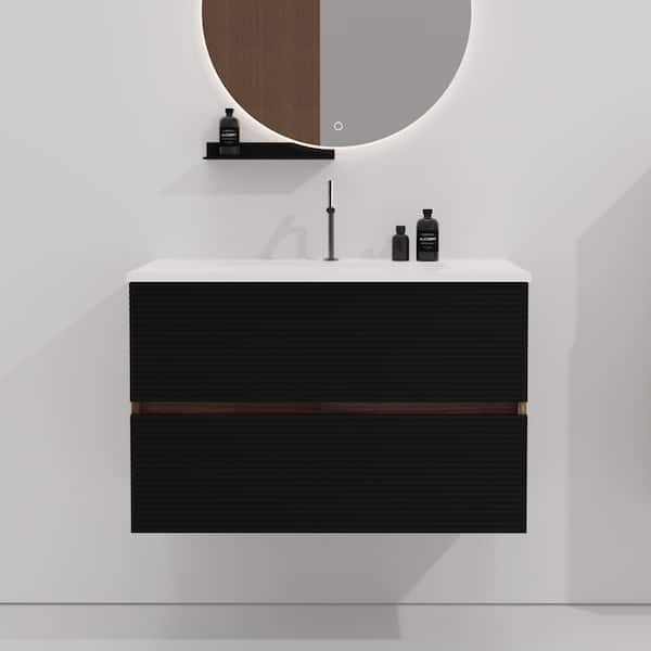 Ziyudura 30 in. Single Sink Floating Black Bath Vanity with White Ceramic Top (Assembled), DTC Soft-closing Drawer