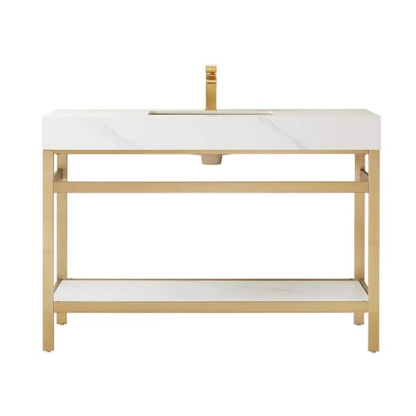 48 in. W x 22 in. D x 33.9 in. H Single Sink Bath Vanity in Brushed Gold Metal Stand with White Sintered Stone Top