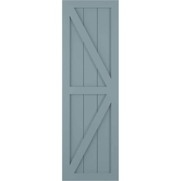 Ekena Millwork 12 in. x 57 in. PVC 2 Equal Panel Farmhouse Fixed Mount Z-Bar Board and Batten Shutters Pair in Peaceful Blue
