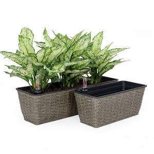 Dark Gray Hand Woven Wicker and Plastic Smart Self-Watering Rectangle Planter for Indoor and Outdoor (2-Pack)