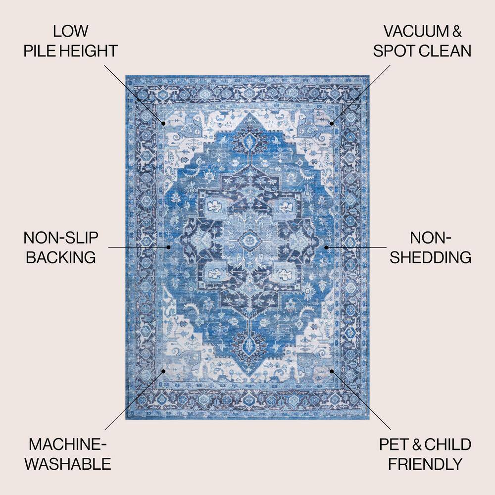 Maris Easy-Care Blue Medallion Washable Synthetic Area Rug, 3 X 5