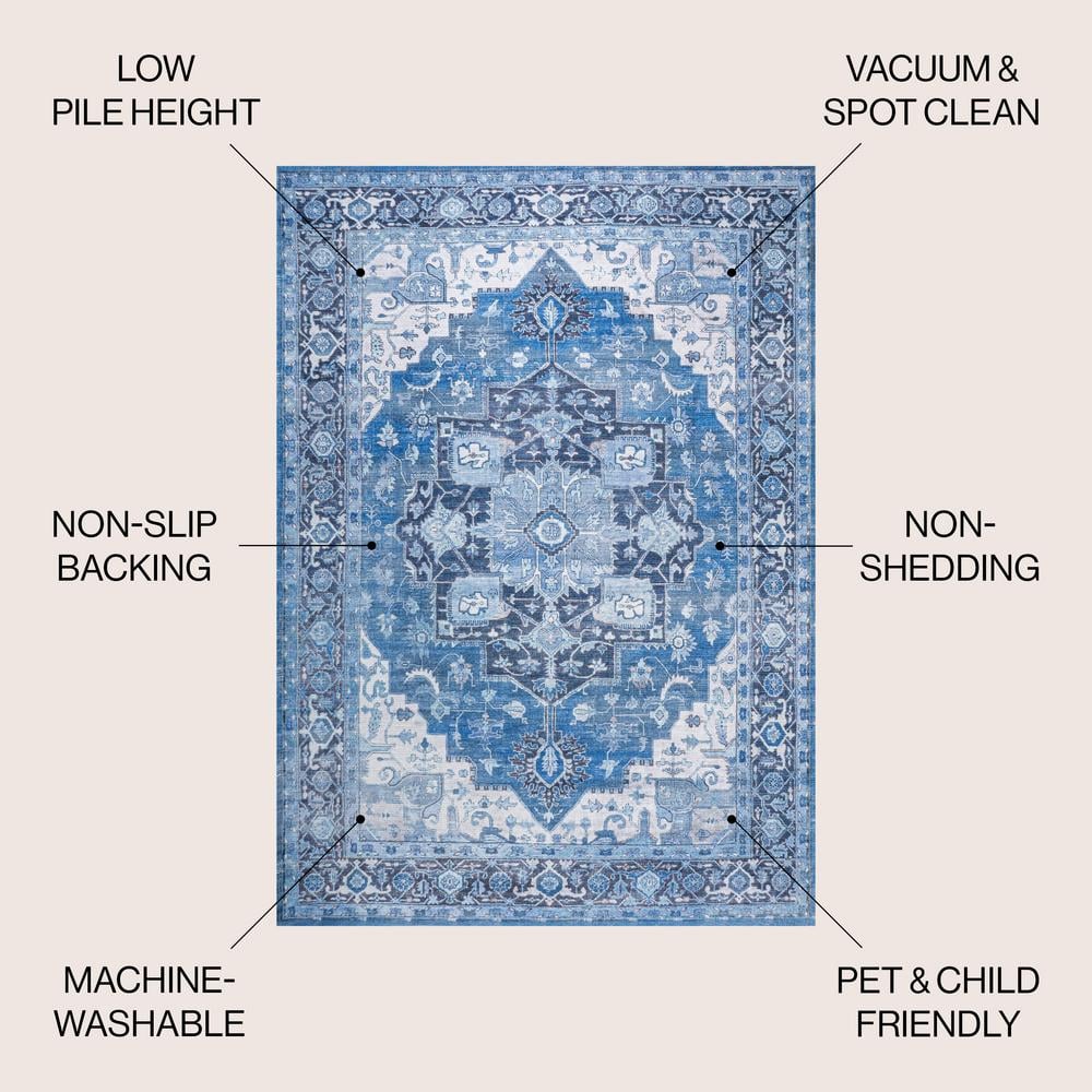 Blue and Navy Medallion Washable Synthetic 4' x 6' Area Rug