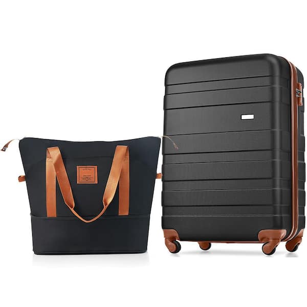 Merax Carry-On 2-Piece Black and Brown ABS Hardshell 20 in. Spinner Luggage Set with Expandable Travel Bag TSA Lock