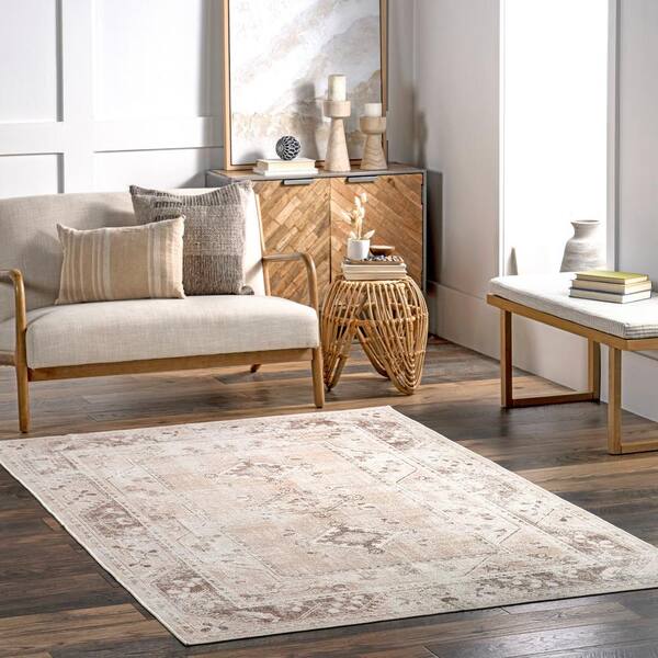 Ellamae Faded Medallion Machine Washable Beige 4 ft. x 6 ft. Traditional Area Rug