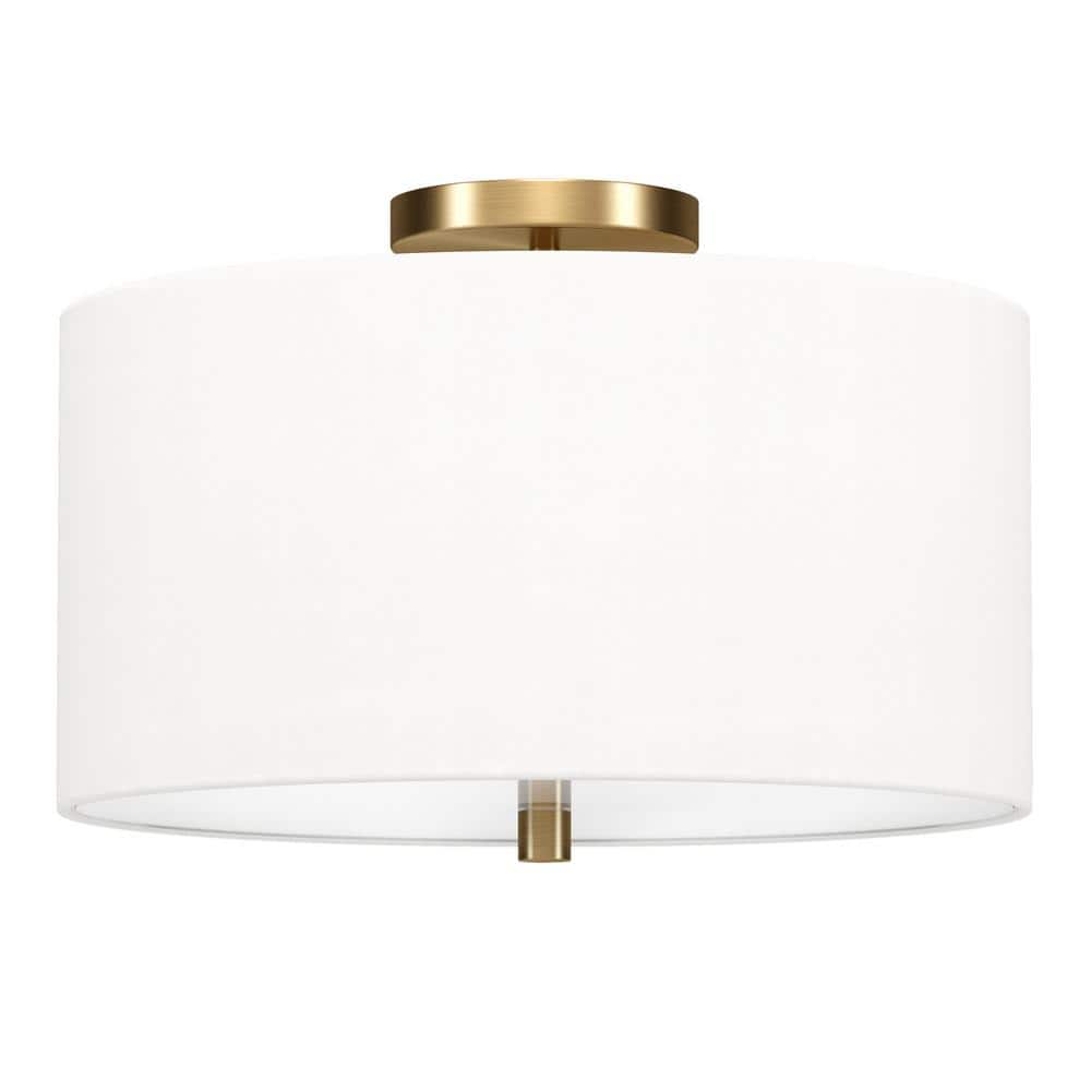 Ellis 16" Brass Drum Flush Mount with White Linen Shade