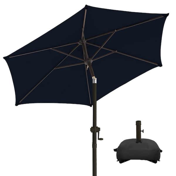 wikiwiki 7.5 ft. Market Patio Umbrella with Base and Push Button Tilt in Navy Blue