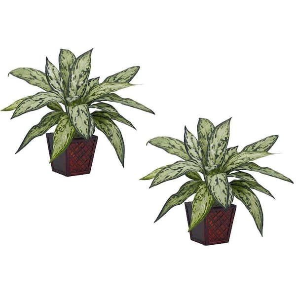 Nearly Natural 12 in. Artificial H Green Silver Queen Silk Plant (Set of 2)