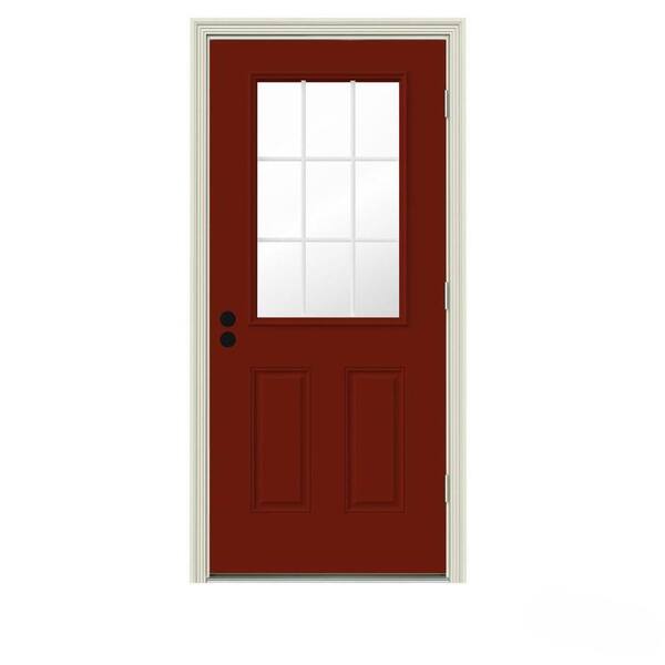 JELD-WEN 36 in. x 80 in. 9 Lite Mesa Red w/ White Interior Steel Prehung Left-Hand Outswing Entry Door w/Brickmould