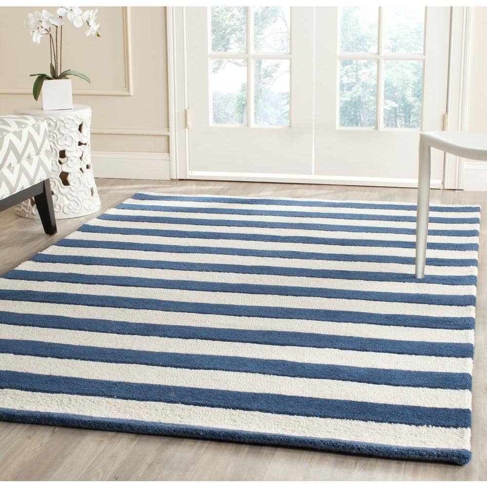 Navy and Ivory Striped Hand-Tufted Wool Area Rug