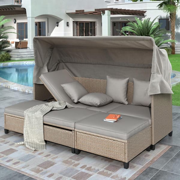waelph Brown Wicker Outdoor Patio Sectional Sofa with Retractable Canopy and Gray Cushions