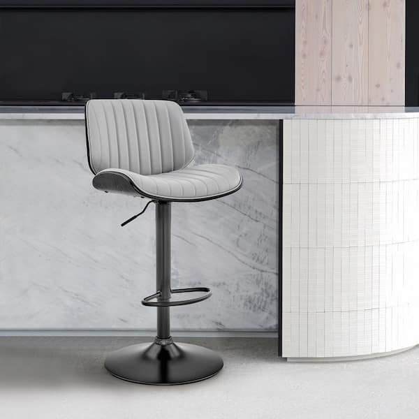 Brock 24-33 Adjustable Height High Back Grey Faux Leather and Walnut Wood Bar Stool with Black Base