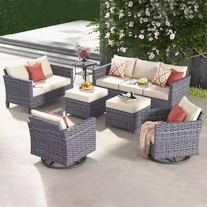 Neptune Gray 7-Piece Wicker Patio Conversation Seating Sofa Set with Beige Cushions and Swivel Rocking Chairs