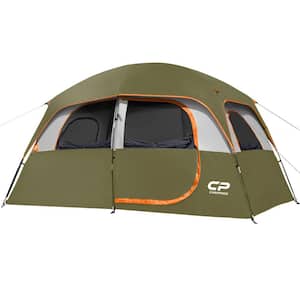 11 ft. x 7 ft. Olive Green 6-Person Camping Waterproof Windproof Family Tents with Top Rainfly, 4 Large Mesh Windows
