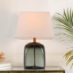 Flabellum Modern 21.7 in. Brass Gold and Jade Green Bedside Table Lamp with Beige Fabric Shade