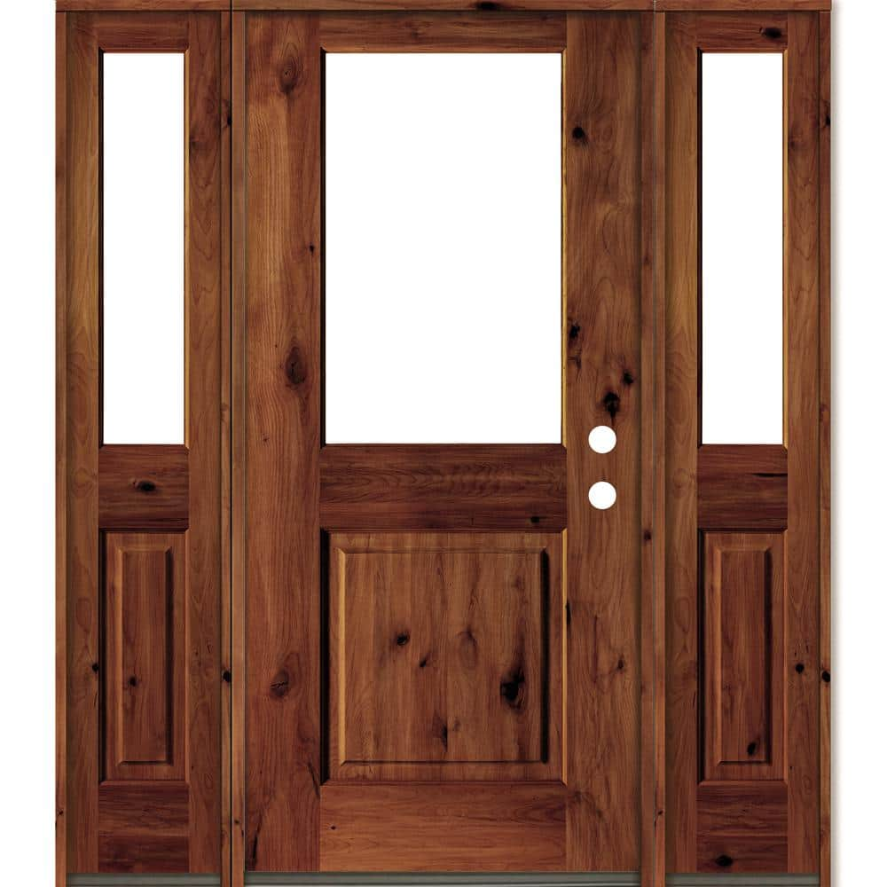 Krosswood Doors 64 in. x 80 in. Rustic Alder Wood Clear Half-Lite Red Chestnut Stain Left Hand Single Prehung Front Door/Sidelites