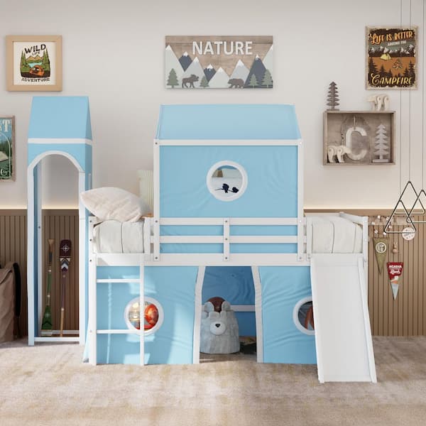 null Blue Full Size Wood Loft Bed with Slide, Tent, Tower and Ladder