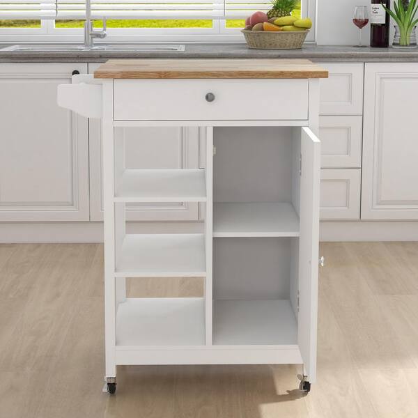 HwoamneT White Kitchen Island with Solid Wood Top Locking Wheels