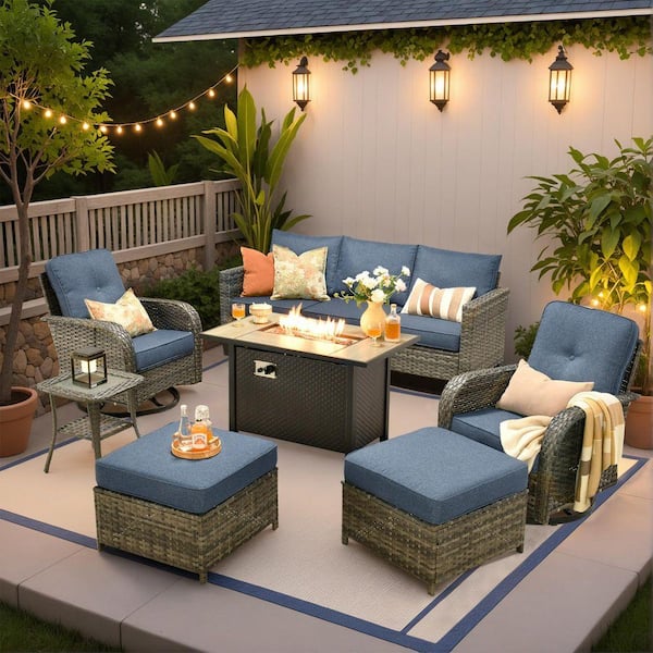 Daphne 7-Piece Wicker Patio Conversation Sofa Swivel Rocking Chairs Set with Metal Fire Pit and Denim Blue Cushions