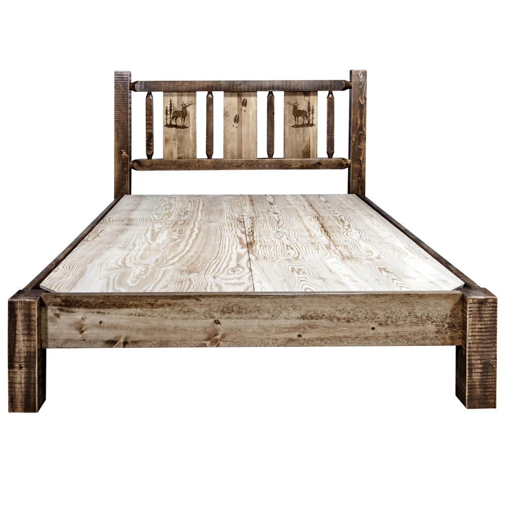 King Brown Pine Wood Upholstered Platform Bed with Headboard