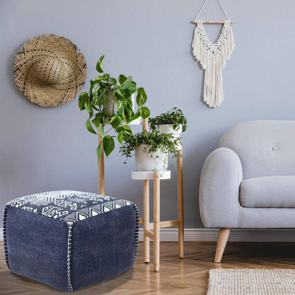 Handcrafted Navy and White Cotton Geometric Pouf Ottoman