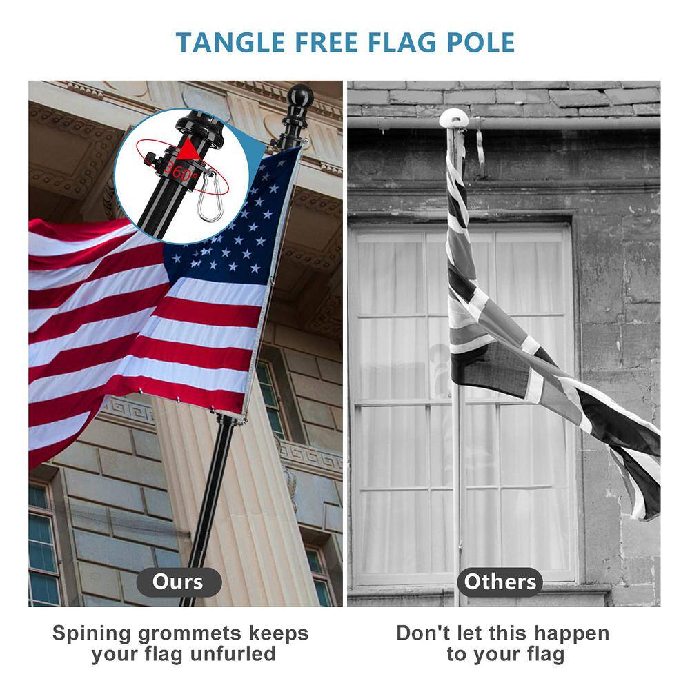 5ft Black Stainless Steel Tangle-Free Flag Pole with Holder Bracket
