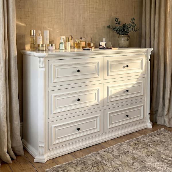 Homsee White 6-Drawer 55.1 in. Wide Chest of Drawers with Metal