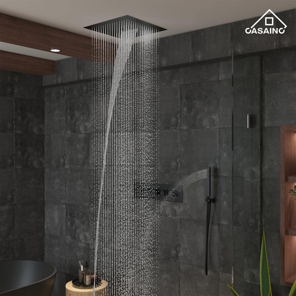 Matte Black 16-Inch Dual Square Ceiling Mounted Rain Shower System
