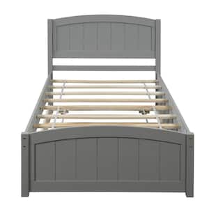 Gray Twin Size Wood Platform Bed with Trundle, Wood Kid Captain Bed Frame with Headboard and Footboard
