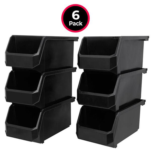 Plastic Stackable Storage Bin Containers for Organizing, Large (14.8 in. D x 8 in. W x 7 in. H), 6-Pack, Black