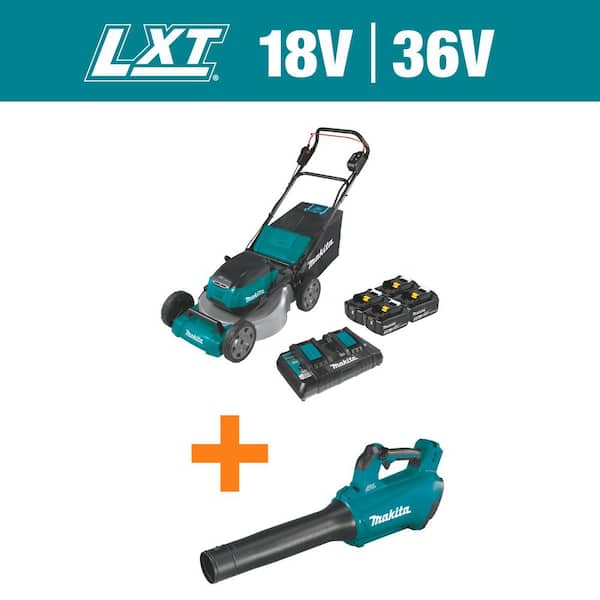 Makita 18V X2(36V) LXT Lithium-Ion Cordless 21 in. Walk Behind Lawn Mower Kit w/4 Batteries 5.0Ah with 18V Blower, Tool Only