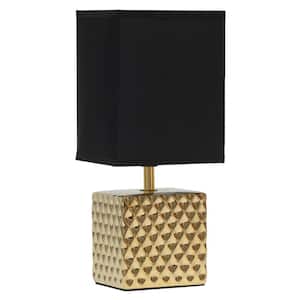 11.81 in. Gold with Black Shade Petite Hammered Metallic Square Bedside Table Desk Lamp with Rectangular Fabric Shade