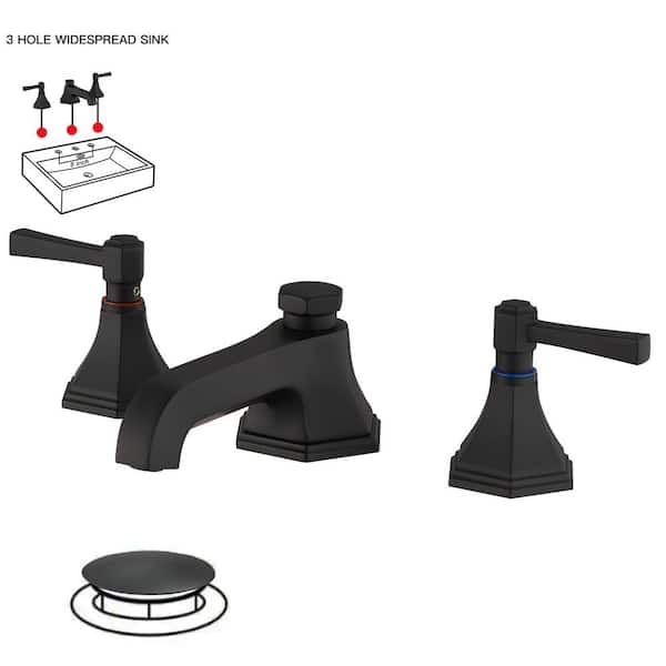 BWE 8 in. Widespread Double Handle 3 Hole Bathroom Faucet Water-Saving With Metal Drain In Matte Black