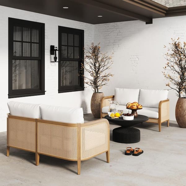 Nathan James Twila Bohemian Solid Acacia Wood Frame Upholstered Outdoor Loveseat Set with Linen White Cushion, Set of 2