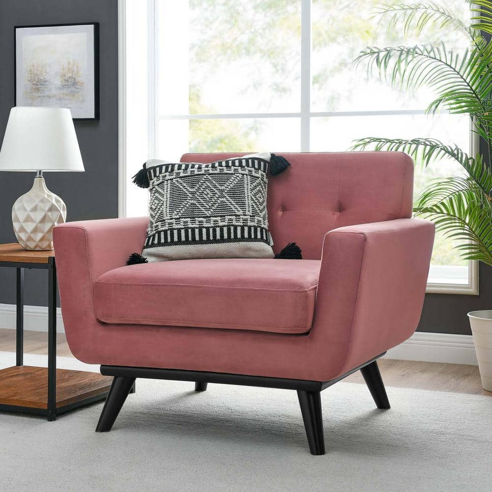 Dusty Rose Velvet Accent Chair with Tufted Back and Wood Legs