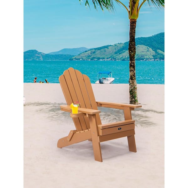 Oversized Poly Lumber Plastic Folding Adirondack Chair with Pullout Ottoman and Cup Holder for Patio Deck Garden Brown