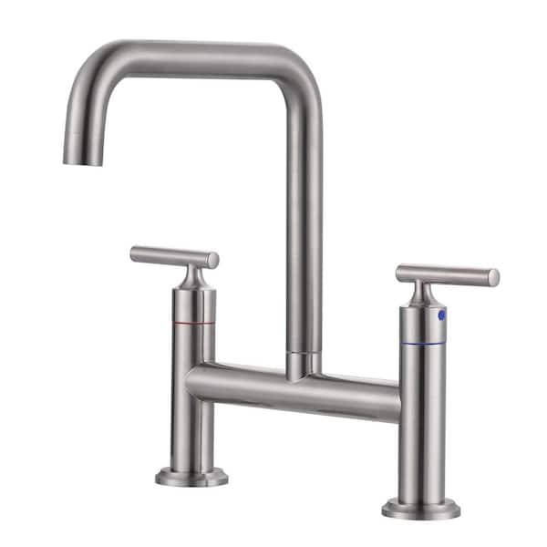 Double Handle 2-Hole Solid Brass Bridge Kitchen Faucet with 360° Rotation Spout in Brushed Nickel