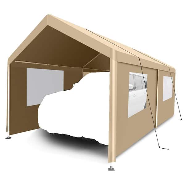 Boosicavelly 10 ft. W x 20 ft. D Outdoor Khaki Roof Metal Carport with Roll-up Door