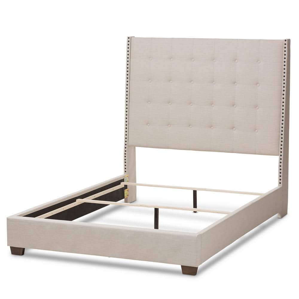 King Light Beige Upholstered Wood Frame Bed with Tufted Headboard
