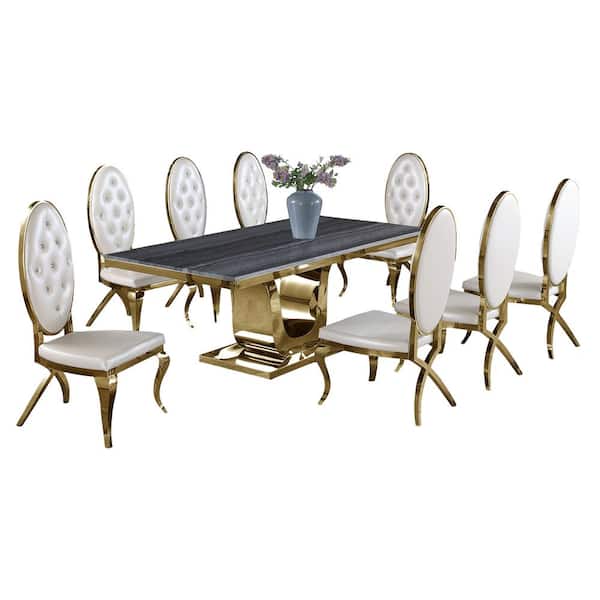 Best Quality Furniture Rogelio 9-Piece Gray Marble Top with Gold Stainless Steel Base with 8-White Faux Leather Chair with Gold Legs