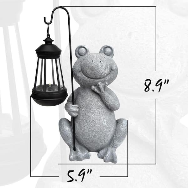 6 in. x 9 in. Gray Resin Frog Solar Garden Statue with Solar