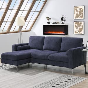 86" W Square Arm 1-Piece Chenille L Shaped Convertible Sectional Sofa, 3-Seat Sofa in Blue with Reversible Chaise Lounge