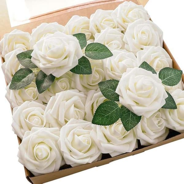 8 in. H Ivory Indoor/Outdoor Artificial Roses Flower with Stems for DIY Wedding Bouquets 25 pcs
