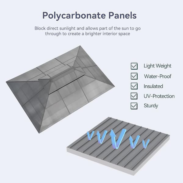 10 ft. x 13 ft. Polycarbonate Double Roof Hardtop Aluminum Gazebo with Ceiling Hook, Mosquito Netting and Curtains