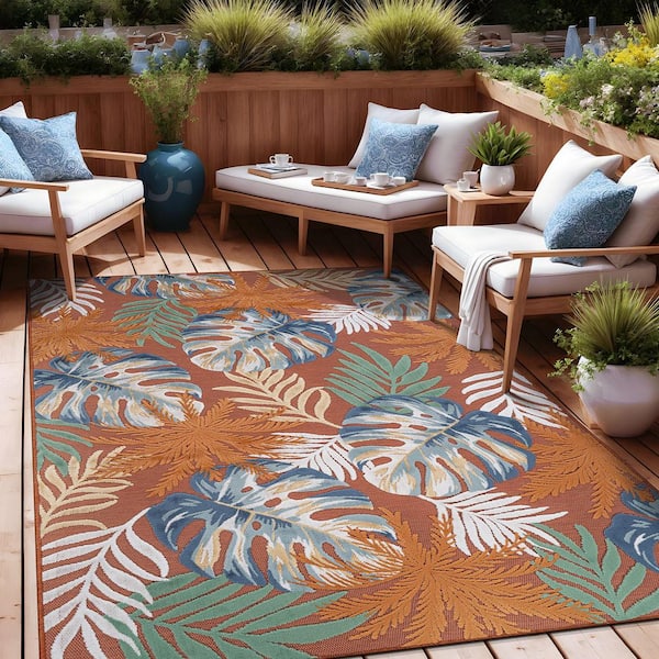 Jungle Orange 9 ft. x 12 ft. Washable Tropical Floral Indoor Outdoor Area Rug
